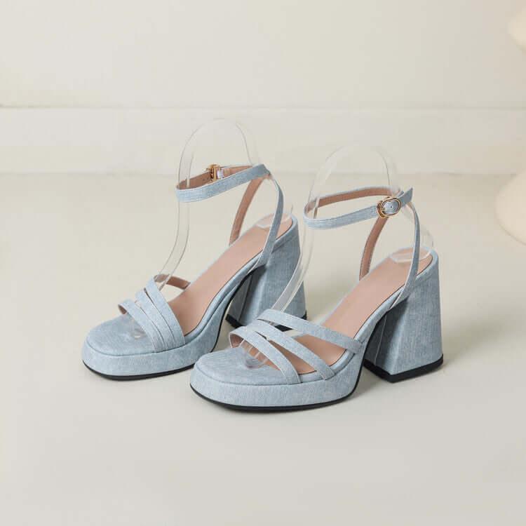 Sandali denim tacco grosso donna con cinturino e punta tonda - Viva Armonia