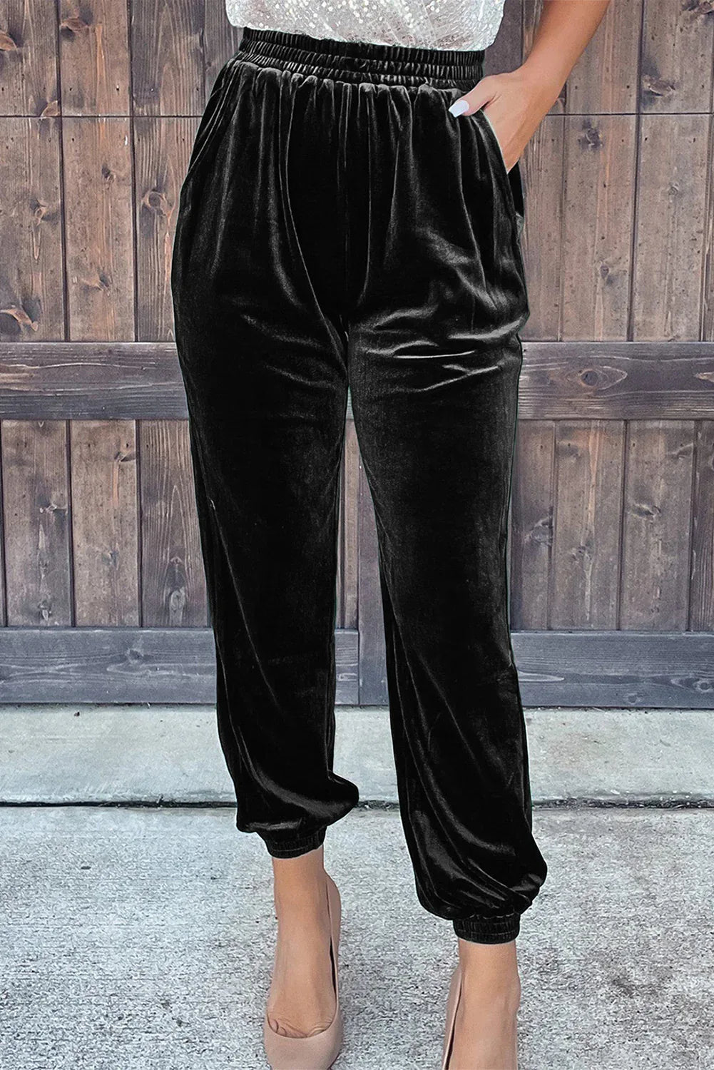 Pantaloni da jogging in velluto nero con tasca vintage - Viva Armonia