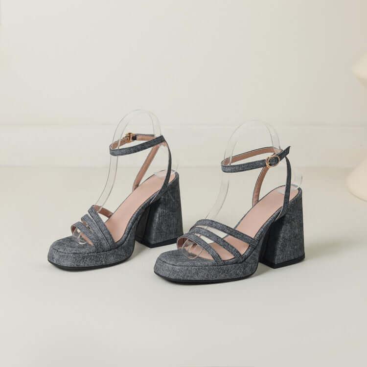 Sandali denim tacco grosso donna con cinturino e punta tonda - Viva Armonia