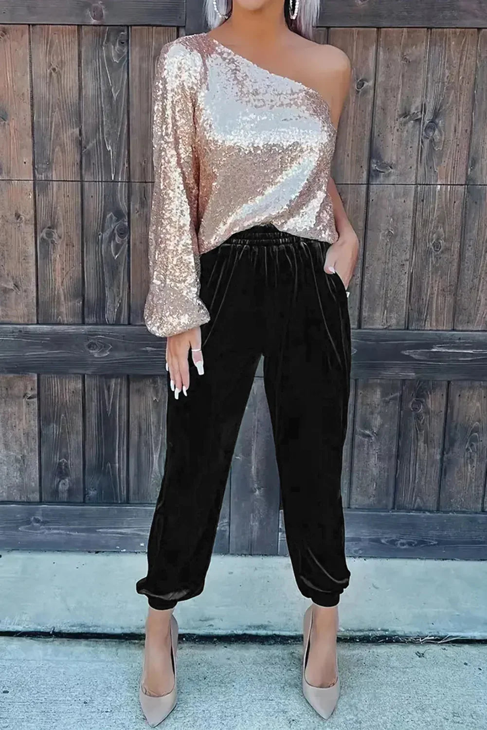 Pantaloni da jogging in velluto nero con tasca vintage - Viva Armonia