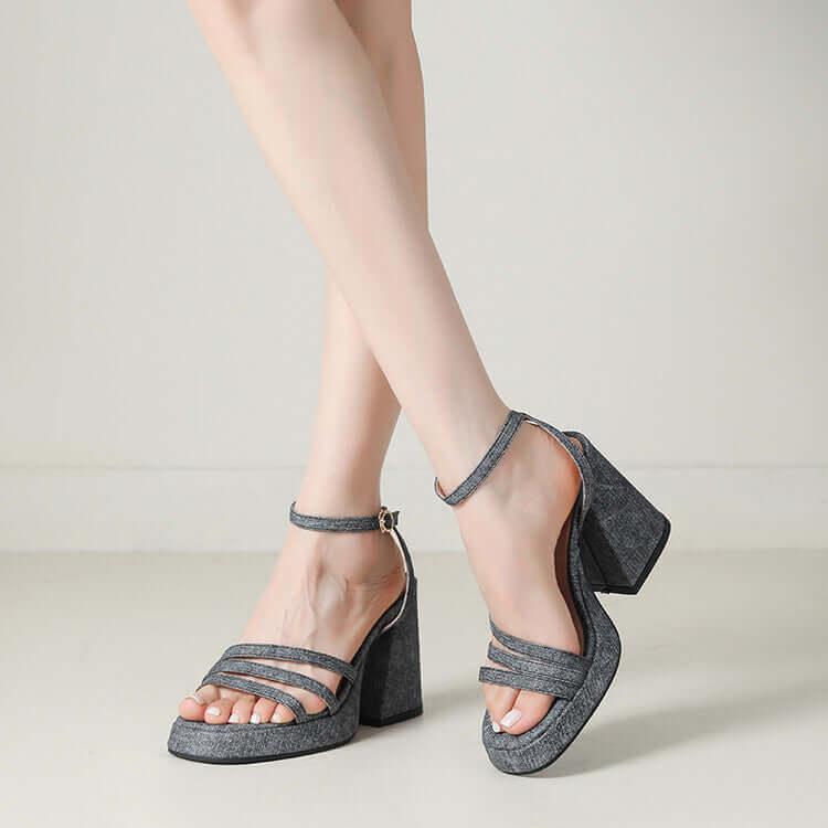 Sandali denim tacco grosso donna con cinturino e punta tonda - Viva Armonia