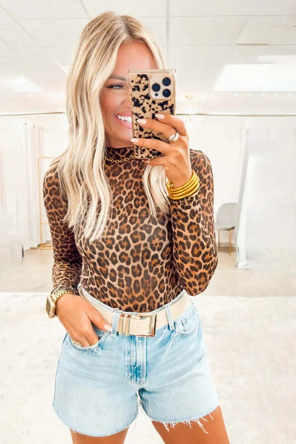 Top Leopardato Rete Donna - Maniche Lunghe Sexy Elegante - Viva Armonia