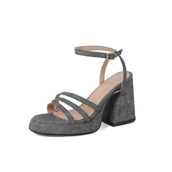 Sandali denim tacco grosso donna con cinturino e punta tonda - Viva Armonia