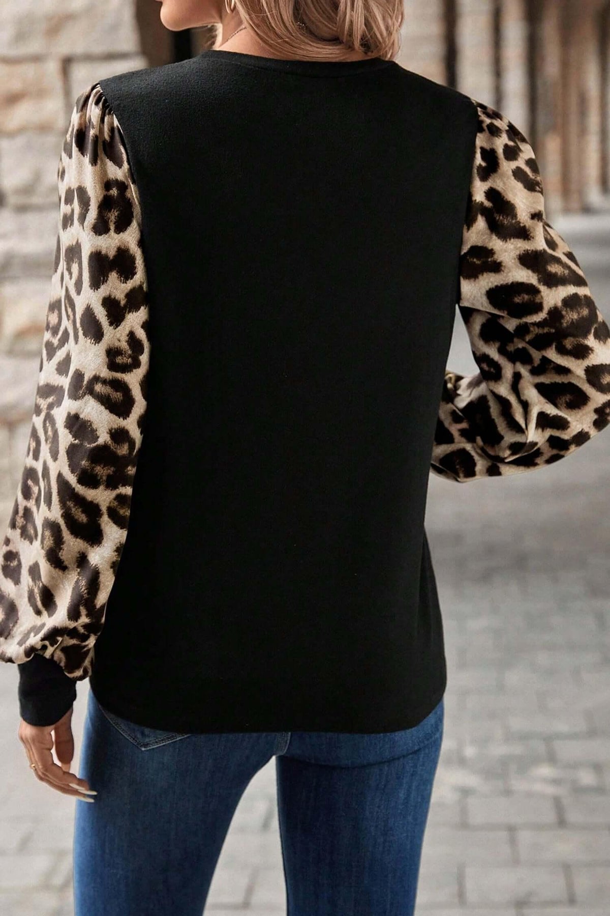 Top patchwork con maniche a sbuffo leopardato kaki - Viva Armonia