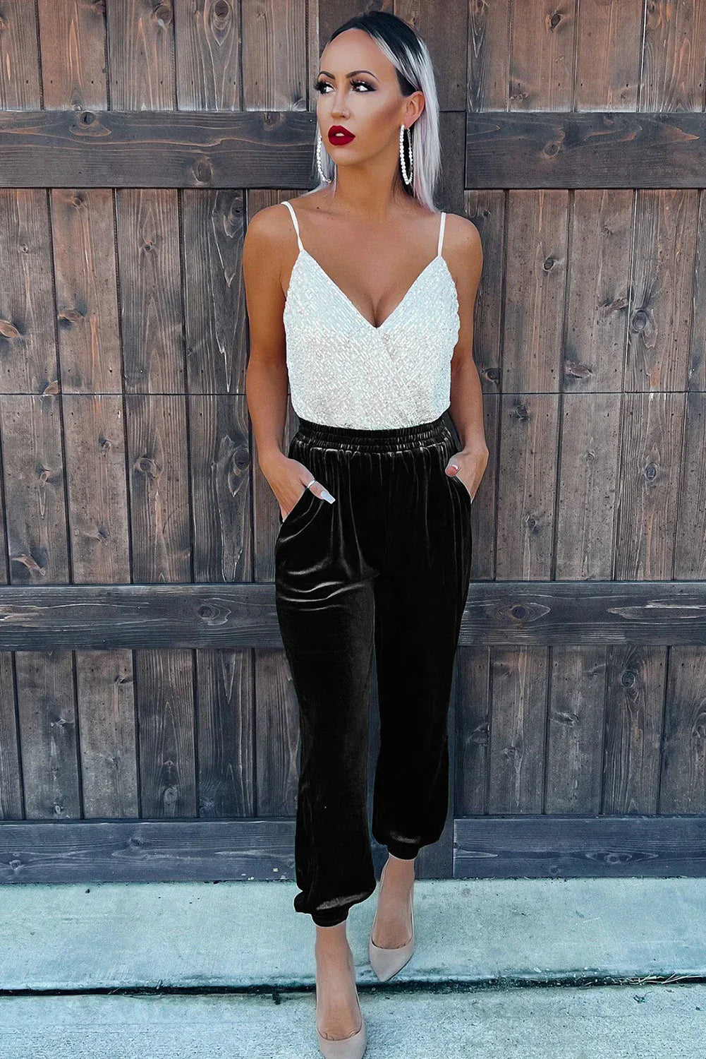 Pantaloni da jogging in velluto nero con tasca vintage - Viva Armonia