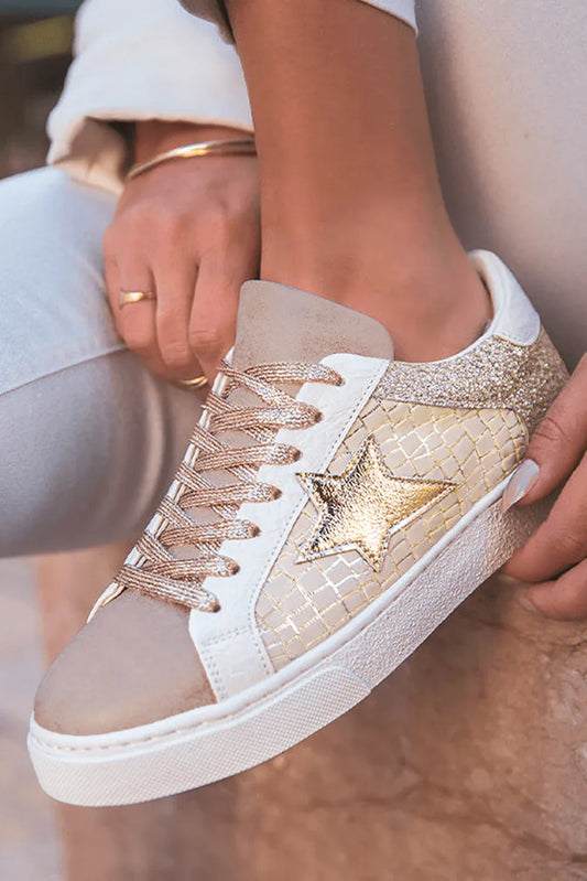 Sneakers con lacci in pelle PU patchwork a stella glitter oro - Viva Armonia
