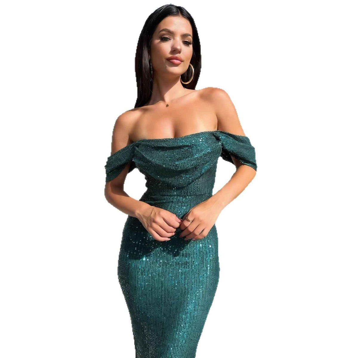 Abito da donna con spacco con spalle scoperte con paillettes