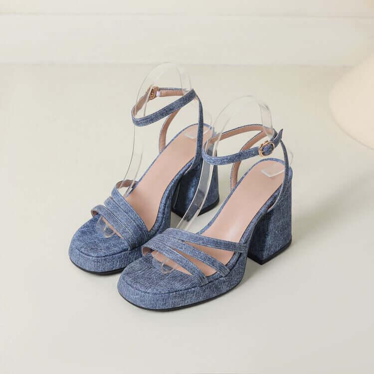 Sandali denim tacco grosso donna con cinturino e punta tonda - Viva Armonia